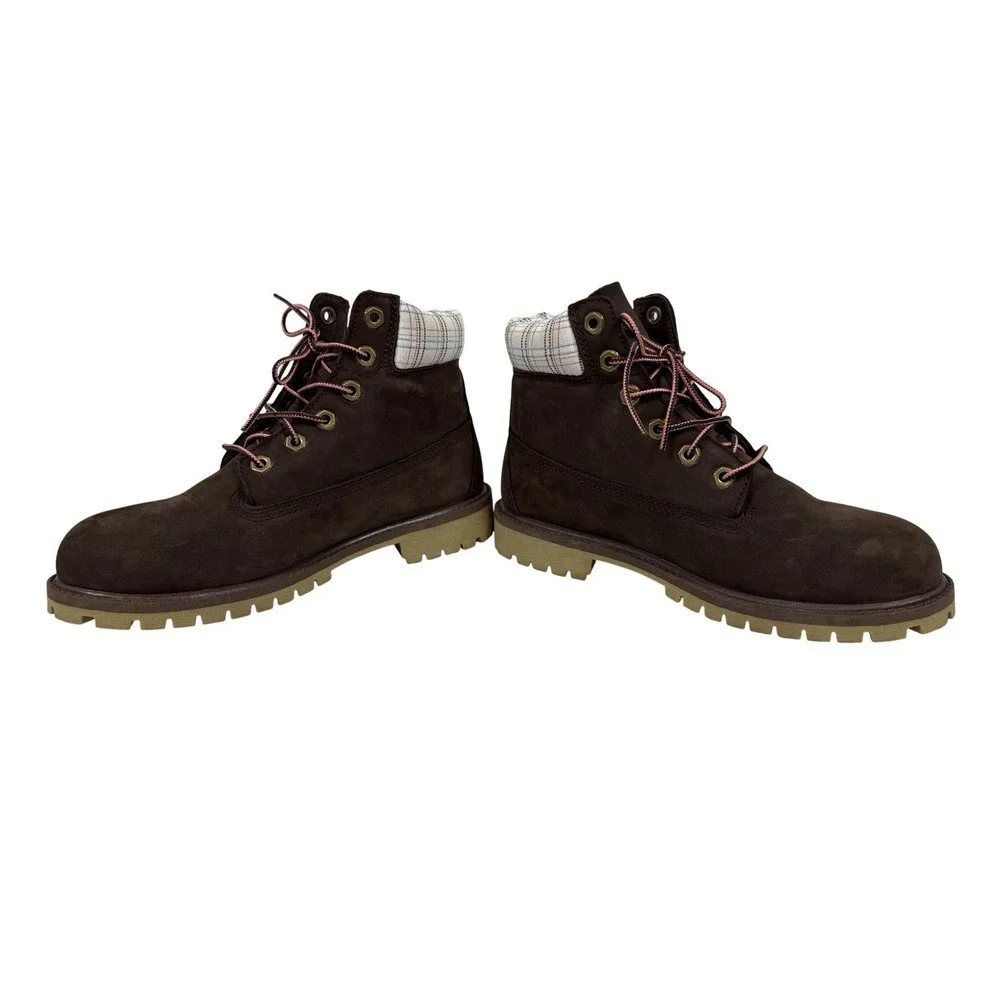 Timberland Boys Boots, Printed Pink Plaid Collar, Chocolate Brown, Size 6